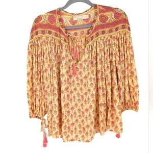 Anthropologie Beachgold Bali Peasant Blouse Pink Yellow Rayon XS